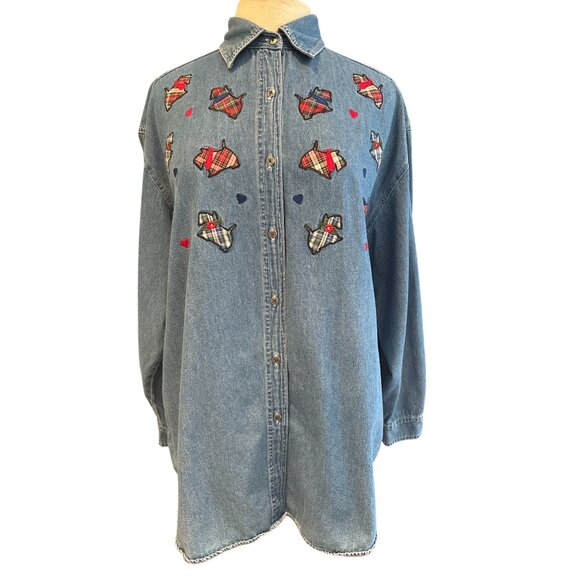 Vintage Quizz Again & Co. Denim Button-Up Shirt With Embroidered Plaid Scottie D - Picture 1 of 10